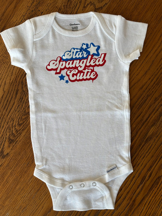 Star Spangled Cutie in Cursive Patriotic Onesie