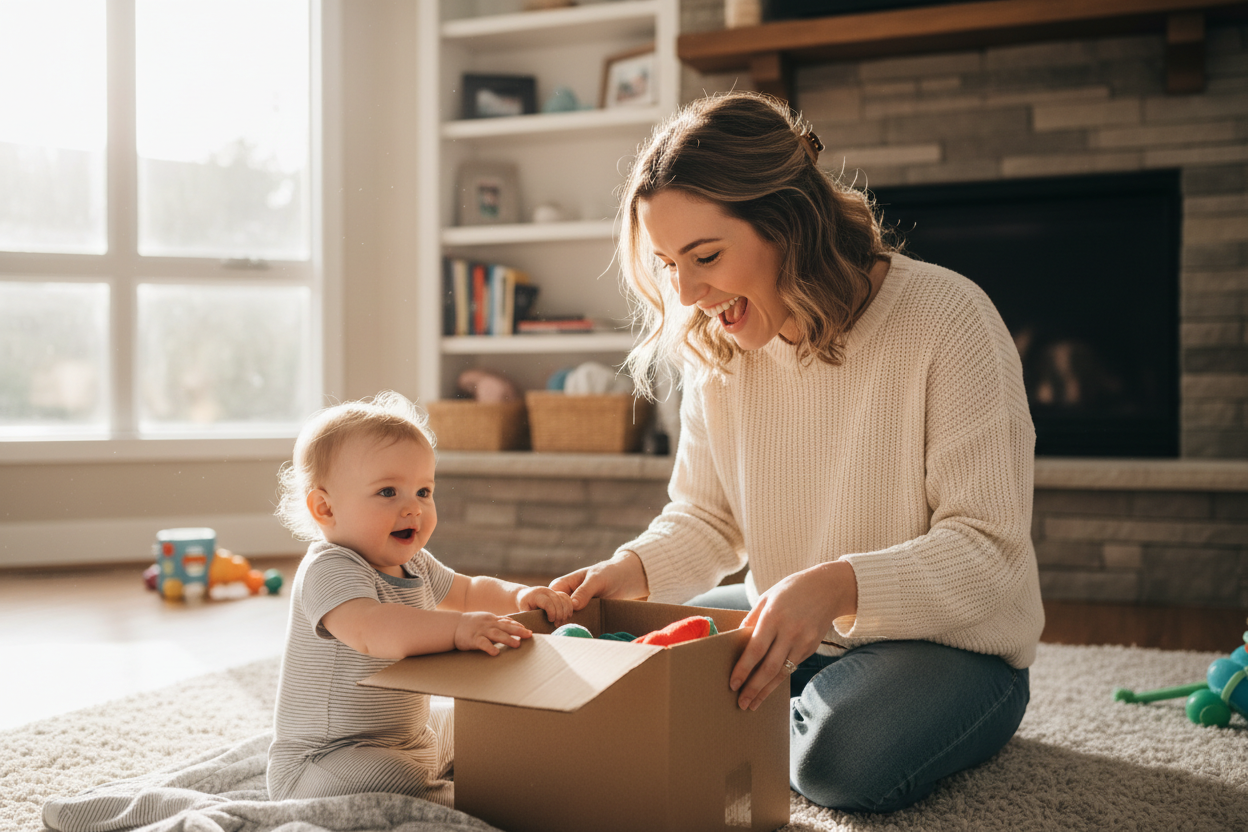 mom and baby with gift bundle