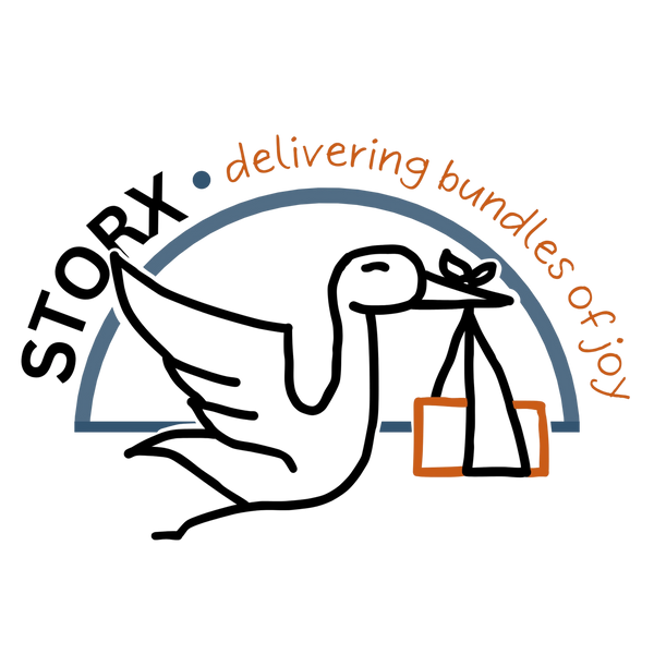 Logo of a stork holding a baby box with text 'STORX delivering bundles of joy' on a white background.